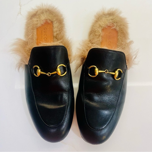 Gucci Princeton Fur Lined Horsebit Loafers- Black Leather Slides - Picture 2 of 9